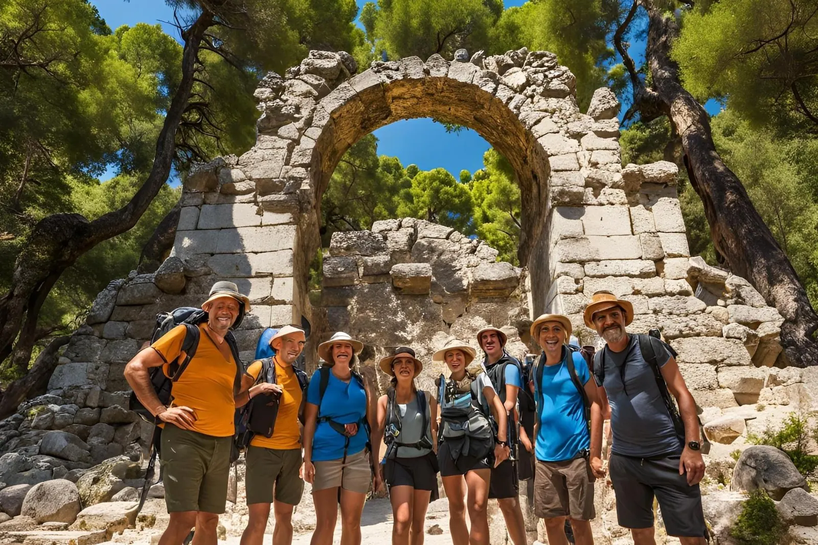 A group of hikers in front of an ancient arch on the Lycian Way