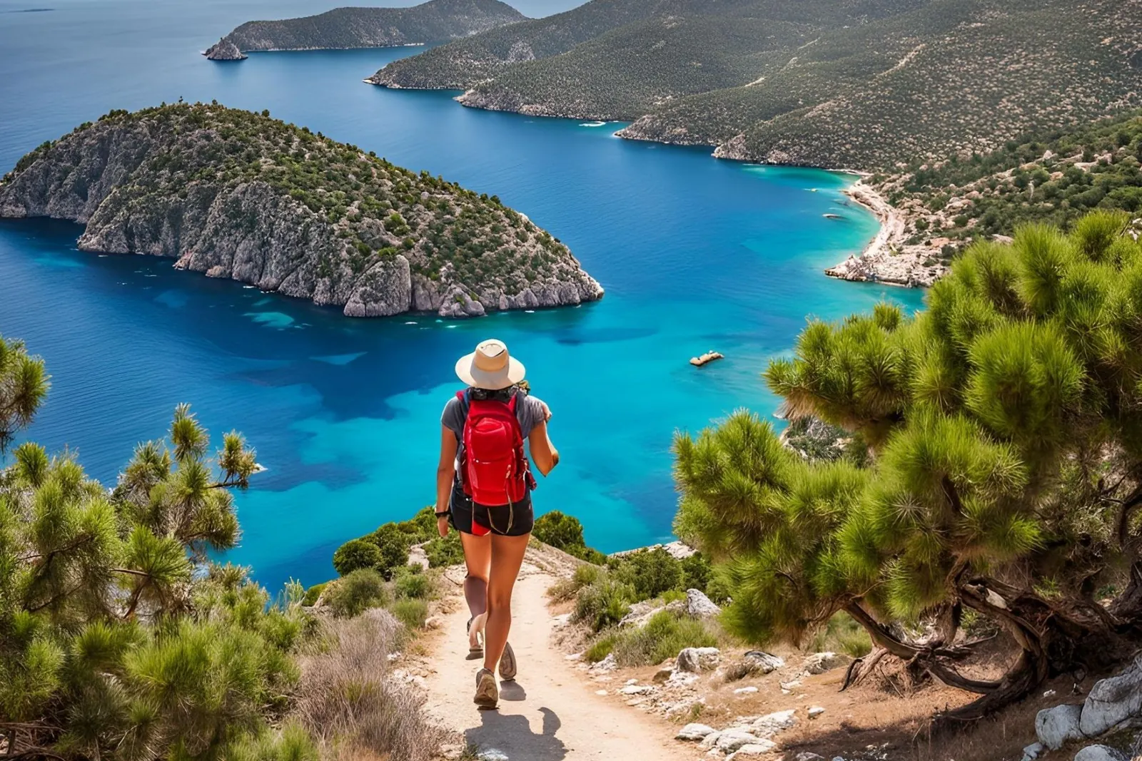A hiker walking the Lycian Way alone above a turquoise bay